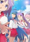  4girls absurdres blue_hair cloud cloudy_sky double_v friends glasses green_eyes hair_between_eyes happy highres hiiragi_kagami hiiragi_tsukasa hyeongang izumi_konata long_hair lucky_star multiple_girls one_eye_closed open_mouth purple_eyes purple_hair red_sailor_collar red_skirt sailor_collar school_uniform siblings sisters skirt sky standing takara_miyuki twins v 