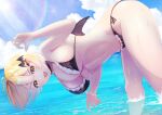  absurdres bikini blonde_hair breasts choker cleavage hair_ornament hairclip highres hololive large_breasts midriff navel oekaki_zombie short_hair swimsuit thighs underboob wings yellow_eyes yozora_mel 