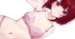  1girl arima_kana bare_shoulders blunt_bangs blush bob_cut bra breasts cleavage closed_mouth collarbone lace-trimmed_bra lace_trim looking_at_viewer machi_(7769) navel no_pupils oshi_no_ko panties pink_bra pink_panties red_eyes red_hair short_hair solo underwear underwear_only 