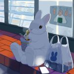  backlighting bag cellphone convenience_store cup_noodle eating fork holding holding_fork lilac_(p-f_easy) night no_humans original outdoors phone plastic_bag rabbit shop sign sitting smartphone 