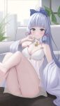  1girl absurdres aillatoste bare_legs bare_shoulders blue_bow blue_eyes blush bow breasts cleavage commentary_request feet_out_of_frame genshin_impact grey_hair hair_bow hand_up highres indoors kamisato_ayaka long_hair looking_at_viewer medium_breasts off_shoulder plant sitting solo thighs very_long_hair 