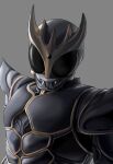  1boy armor black_armor black_eyes compound_eyes forehead_jewel gold_horns grey_background highres kamen_rider kamen_rider_kuuga kamen_rider_kuuga_(series) kamen_rider_kuuga_(ultimate_form) manchi_kansuke mask shoulder_armor simple_background solo upper_body 