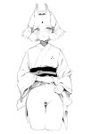  1girl :o bar_censor blush censored clothes_lift cropped_legs facial_mark forehead_mark greyscale groin hair_tubes highres horns japanese_clothes kimono kimono_lift lifted_by_self long_sleeves looking_away looking_to_the_side monochrome navel obi oni oni_horns original pointy_ears pubic_hair pussy sash short_hair solo sweat vertigris wide_sleeves yoshiko_(vertigris) 