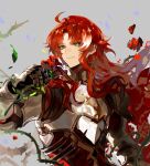  1boy ahoge argenti_(honkai:_star_rail) armor cape closed_mouth dichlorvos121 flower gauntlets grey_background highres holding holding_flower honkai:_star_rail honkai_(series) long_hair looking_at_viewer male_focus parted_bangs pauldrons plant red_cape red_flower red_hair red_rose rose shoulder_armor sidelocks simple_background smile solo upper_body very_long_hair vines 