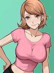  1girl alternate_costume aqua_background black_pants blush breasts brown_eyes brown_hair collarbone commentary cropped_shirt eyelashes hand_on_own_hip highres impossible_clothes impossible_shirt large_breasts lepypepy lips looking_at_viewer medium_hair midriff pants persona persona_3 pink_lips pink_shirt shirt short_sleeves smile solo swept_bangs symbol-only_commentary takeba_yukari upper_body 