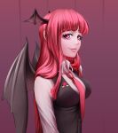  1girl bat_wings blunt_bangs breasts eyelashes head_wings highres klabisot koakuma lips long_sleeves looking_at_viewer medium_breasts necktie nose pink_eyes purple_background red_hair red_necktie simple_background smile solo touhou unfinished upper_body wing_collar wings 