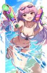  1girl ahoge atelier_(series) atelier_lydie_&amp;_suelle beach bikini blush breasts goggles goggles_on_head hands_up highres holding holding_water_gun leg_up long_hair looking_at_viewer navel open_mouth outdoors pink_eyes pink_hair sandals small_breasts smile solo splashing suelle_marlen swimsuit water water_gun yanu 