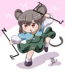 1girl animal animal_ears black_dress black_footwear blue_capelet blush capelet dowsing_rod dress full_body grey_hair highres holding jewelry long_sleeves mouse mouse_ears mouse_tail nazrin open_mouth pendant red_eyes rokugou_daisuke shoes short_hair signature socks solo tail touhou white_socks 