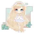  1girl absurdly_long_hair art_trade artist_name blonde_hair blue_dress blue_eyes blue_flower blue_footwear bow bowtie bush buttons chibi closed_mouth collared_dress commentary dress english_commentary eyelashes flower frilled_dress frilled_hairband frills hair_bow hairband kikkidream layered_dress leg_up light_blush lolita_hairband long_hair long_sleeves original over-kneehighs petticoat pleated_dress purple_hairband shoes short_dress smile socks solo thighhighs transparent_background very_long_hair waist_bow white_dress white_socks wide_sleeves yellow_bow yellow_bowtie yumeruu_(littlebluemuffin) 