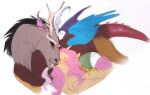  2022 antlers beard blue_body blue_feathers brown_body brown_fur chimera claws digital_media_(artwork) discord_(mlp) draconequus duo equid equine eyebrows facial_hair feathered_wings feathers female feral fluttershy_(mlp) friendship_is_magic fur grey_body grey_fur grey_hair hair hasbro horn larger_feral larger_male leonerdman long_neck male mammal multicolored_body multicolored_fur my_little_pony pegasus pink_hair pink_tail red_eyes red_tail simple_background size_difference smaller_female smaller_feral spikes tail white_background wings yellow_body yellow_feathers yellow_fur yellow_sclera 
