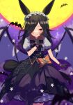  1girl agaki_anko alternate_eye_color animal_ears bat_(animal) black_bow black_bowtie black_gloves black_hair black_skirt black_wings bow bow_skirt bowtie brooch center_frills collared_shirt commentary cowboy_shot demon_wings frilled_hairband frilled_sleeves frills full_moon gloves hair_over_one_eye hairband half-closed_eyes halloween high-waist_skirt highres horse_ears horse_girl horse_tail index_finger_raised jack-o&#039;-lantern_ornament jewelry licking_lips lolita_hairband long_hair looking_at_viewer low_wings medium_skirt moon night night_sky official_alternate_costume orange_bow print_skirt puffy_short_sleeves puffy_sleeves red_eyes rice_shower_(make_up_vampire!)_(umamusume) rice_shower_(umamusume) shirt short_sleeves skirt sky solo spider_web_print standing star_(sky) star_(symbol) starry_sky tail tongue tongue_out umamusume white_shirt wings 