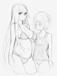  2girls bikini breast_envy breasts doki_doki_literature_club frown greyscale highres large_breasts looking_at_breasts monochrome multi-strapped_bikini_bottom multiple_girls otxoa60 raised_eyebrows school_swimsuit sketch small_breasts smile swimsuit yuri 