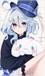  1girl ahoge blue_eyes blue_hair blue_headwear casual chino_0830_tr cinnamoroll commentary_request contemporary furina_(genshin_impact) genshin_impact hair_between_eyes hat highres holding holding_stuffed_toy light_blue_hair long_hair long_sleeves looking_at_viewer multicolored_hair sanrio smile solo stuffed_animal stuffed_toy top_hat wavy_hair white_hair 