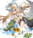  2girls bikini blonde_hair blue_eyes breasts eir_(fire_emblem) fire_emblem fire_emblem_heroes grey_hair hair_ornament haru_(hiyori-kohal) hat high_ponytail highres jewelry long_hair medium_breasts multiple_girls navel non-web_source official_art ponytail sarong stomach sun_hat swimsuit tiara transparent_background ymir_(fire_emblem_heroes) 