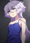  1girl ahoge bare_shoulders blue_camisole camisole collarbone commentary_request grey_eyes grey_hair gundam gundam_suisei_no_majo hair_between_eyes heebee light_blush long_hair looking_ahead messy_hair miorine_rembran parted_lips shade solo strap_slip upper_body 
