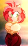  amy_rose anthro belt big_breasts bottomwear breasts bytesduh clothing eulipotyphlan female fur green_eyes hands_behind_back hedgehog hi_res mammal pants pink_body pink_fur sega shirt solo sonic_the_hedgehog_(series) topwear 