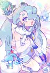  1girl :d altaria bright_pupils character_doll commentary_request crossover double_bun gloves grey_eyes grey_hair hair_bun hair_over_one_eye hair_ribbon hand_up hatsune_miku highres jl_seiko lisia_(pokemon) long_hair loose_socks open_mouth poke_ball poke_ball_(basic) pokemon project_voltage ribbon see-through see-through_shorts see-through_sleeves single_glove smile socks solo stitches swablu tongue twintails vocaloid white_pupils 