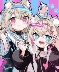  2girls :3 :d animal_ear_fluff animal_ears belt_collar black_collar black_jacket blonde_hair blue_background blue_eyes blue_hair blush collar cropped_jacket cropped_shirt dog_ears dog_girl fur-trimmed_jacket fur_trim fuwawa_abyssgard hair_ornament hairpin headphones headphones_around_neck highres hololive hololive_english jacket koora_aisu long_hair looking_at_viewer medium_hair mococo_abyssgard multicolored_hair multiple_girls open_mouth pink_background pink_eyes pink_hair shirt siblings sisters smile streaked_hair twins two-tone_background virtual_youtuber white_shirt x_hair_ornament 