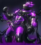  2023 absurd_res anthro black_body dragon erection genitals glaucablitz hi_res horn humanoid_genitalia humanoid_penis male muscular muscular_anthro muscular_male open_mouth penis purple_body purple_sclera rubber_creature simple_background solo 