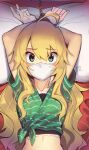  1girl ahoge arms_up bdsm bed blonde_hair bondage bound bound_wrists cad_(caddo) cloth_gag gag gagged green_eyes green_shirt hair_between_eyes head_on_pillow highres hoshii_miki idolmaster idolmaster_(classic) improvised_gag long_hair looking_at_viewer lying midriff navel on_bed pillow restrained shibari shirt solo sweat sweatdrop tied_shirt wavy_hair wide-eyed 