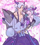  1boy 1girl bare_shoulders blurry blurry_background blush centaur cherry_blossoms cupafan deer deer_girl earrings flower hair_ornament holding horns jewelry league_of_legends lillia_(league_of_legends) long_hair open_mouth pink_background purple_eyes smile spirit_blossom_(league_of_legends) spirit_blossom_lillia spirit_blossom_yone tail taur teeth traditional_dress white_hair yone_(league_of_legends) 