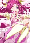  1girl :d bow brooch butterfly_earrings commentary_request cure_dream dokushibuki earrings eyelashes fingerless_gloves flower frills gloves hair_bow hair_ornament highres jewelry one_eye_closed open_mouth pink_hair precure purple_eyes rose smile solo yes!_precure_5 yes!_precure_5_gogo! yumehara_nozomi 