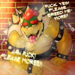  2023 4_fingers absurd_res anthro bodily_fluids bowser brick_wall collar digital_media_(artwork) english_text eyebrows fingers hair hi_res horn koopa lactating male male_lactation mario_bros nintendo nipples open_mouth pink_nipples red_eyebrows red_hair saliva samonaa2 scalie shell solo spiked_collar spiked_shell spikes spikes_(anatomy) tears text thick_eyebrows tongue tongue_out wall_(structure) yellow_body 
