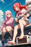  2girls bare_legs barefoot blue_eyes bocchi_the_rock! cube_hair_ornament electric_guitar feet geduan gotou_hitori green_eyes guitar hair_ornament highres holding holding_instrument instrument jacket kita_ikuyo legs multiple_girls no_shoes one_side_up open_mouth pink_hair pink_jacket pink_track_suit red_hair socks soles toenails toes track_jacket 