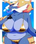  anthro bikini biped blue_body border breasts cleavage clothed clothing female front_view gearfactory generation_5_pokemon gold_bikini looking_at_viewer nintendo open_mouth orange_eyes pokemon pokemon_(species) samurott sea sky smile solo swimwear thick_thighs water white_border wide_hips 