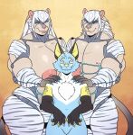  aiuut anthro azzazel_(kuma) big_breasts breasts canid canine excited felid feline female group hand_on_shoulder hi_res male male/female mammal size_difference smothering smug trio unknown_artist 