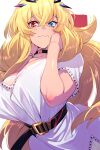  1girl barghest_(fate) belt blonde_hair blue_eyes blush breasts choker cleavage collarbone dress echo_(circa) fairy_knight_gawain_(dream_portrait)_(fate) fate/grand_order fate_(series) heterochromia horns huge_breasts long_hair looking_at_viewer red_eyes short_sleeves solo wavy_mouth white_dress 