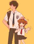  1boy 1girl age_difference backpack bag black_pants black_skirt brother_and_sister brown_hair cardcaptor_sakura food green_eyes hanam_000 highres kinomoto_sakura kinomoto_touya necktie pants popsicle school_uniform shirt siblings simple_background size_difference skirt tomoeda_elementary_school_uniform white_headwear white_shirt 