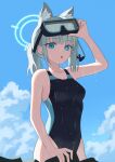  1girl absurdres animal_ear_fluff animal_ears black_one-piece_swimsuit blue_archive blue_eyes blue_sky breasts chiken2525 cloud competition_swimsuit covered_navel cross_hair_ornament day diving_mask diving_mask_on_head extra_ears goggles goggles_on_head grey_hair hair_ornament halo highres low_ponytail medium_breasts medium_hair mismatched_pupils multicolored_clothes multicolored_swimsuit official_alternate_costume one-piece_swimsuit open_mouth outdoors shiroko_(blue_archive) shiroko_(swimsuit)_(blue_archive) sky snorkel solo swimsuit wet wet_clothes wet_swimsuit wolf_ears 