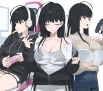  1girl black_hair black_jacket black_shorts blue_pants blush breasts cleavage collarbone controller english_commentary food game_controller headphones highres holding holding_controller holding_game_controller hood_(james_x) jacket korean_commentary large_breasts long_hair long_sleeves mixed-language_commentary mole mole_under_eye mouth_hold multiple_views open_mouth original pants parted_lips partially_unzipped playing_games red_eyes shirt shorts sitting solo teeth voice_actor white_shirt 