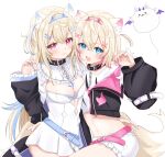  0kizakura 2girls :3 :d animal_ear_fluff animal_ears bandaid bandaid_hair_ornament belt belt_collar black_collar black_jacket blonde_hair blue_belt blue_eyes blue_hair blue_nails breasts cleavage cleavage_cutout closed_mouth clothing_cutout collar cropped_jacket cropped_shirt dog_ears dog_girl dog_tail dress fang frilled_shorts frills fur-trimmed_jacket fur_trim fuwawa_abyssgard hair_ornament hairpin highres hololive hololive_english jacket large_breasts long_hair looking_at_viewer medium_hair mococo_abyssgard multicolored_hair multiple_girls nail_polish navel open_mouth perroccino_(fuwamoco) pink_belt pink_eyes pink_hair pink_nails shirt short_shorts shorts siblings sidelocks sisters skin_fang smile spiked_collar spikes streaked_hair tail twins two_side_up virtual_youtuber white_dress white_shirt white_shorts x_hair_ornament 