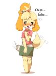  animal_crossing anthro bell blush bodily_fluids bottomwear bulge canid canine canis clipboard clothed clothing covering covering_crotch covering_self crossgender dialogue domestic_dog english_text erection erection_under_clothing erection_under_skirt flat_chested fur gynomorph hanuvo hi_res intersex isabelle_(animal_crossing) looking_away mammal nervous_smile nintendo shih_tzu shirt simple_background skirt solo sweat tail tail_motion tailwag text topwear toy_dog white_background yellow_body yellow_fur 