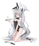  1girl alternate_costume animal_ears black_bow black_bowtie black_footwear black_leotard black_ribbon black_tail blue_archive bow bowtie breasts closed_mouth cocktail_glass cup demon_tail detached_collar drinking_glass fake_animal_ears full_body grey_hair hair_ribbon halo high_heels highres holding holding_plate iori_(blue_archive) kneeling leotard long_hair looking_at_viewer plate playboy_bunny pointy_ears pout ribbon sentouryoku_5 simple_background sketch small_breasts solo strapless strapless_leotard tail twintails very_long_hair white_background wrist_cuffs 