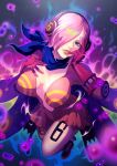  1girl blue_eyes blue_neckerchief breasts cleavage dress finger_to_mouth floating gloves hair_over_one_eye headphones large_breasts lips looking_at_viewer medium_hair moroi neckerchief one_eye_covered one_piece pink_dress pink_hair purple_gloves solo vinsmoke_reiju 