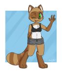  2022 anthro barefoot black_nose bra brown_body brown_fur canid canine clothed clothing digital_media_(artwork) digitigrade feet female fingers fluffy front_view fur green_eyes hi_res hindpaw humanoid_hands looking_at_viewer mammal moodytail multi_tone_body multi_tone_fur multicolored_body multicolored_fur navel one_eye_closed paws pinup pose raccoon_dog simple_background smile solo standing striped_body striped_fur stripes tan_body tan_fur tanuki toes tongue tongue_out tuft underwear underwear_only white_body white_fur wink yuki_(side_b) 