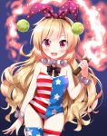  1girl american_flag_legwear animal_ears blonde_hair blush clownpiece collarbone cowboy_shot fake_animal_ears highres holding holding_torch leotard long_hair looking_at_viewer open_mouth pom_pom_(clothes) rabbit_ears red_eyes ruu_(tksymkw) smile solo star_(symbol) star_print strapless strapless_leotard striped striped_leotard striped_thighhighs thighhighs torch touhou wrist_cuffs 