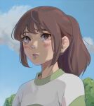  1girl blue_sky blush brown_eyes brown_hair cloud cloudy_sky day derivative_work green_shirt lips long_hair looking_away ogino_chihiro outdoors ponytail risorins screencap_redraw sen_to_chihiro_no_kamikakushi shirt short_sleeves sidelocks sky solo striped striped_shirt t-shirt teeth tree upper_body white_shirt 