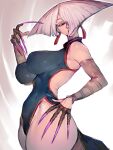  1girl a.k.i._(street_fighter) breasts china_dress chinese_clothes claw_(weapon) cropped_legs dress earrings from_side fumio_(rsqkr) hair_over_one_eye highres jewelry pelvic_curtain red_eyes short_hair side_slit sideboob sleeveless sleeveless_dress solo street_fighter street_fighter_6 tassel tassel_earrings tongue tongue_out weapon white_hair wide_hips 