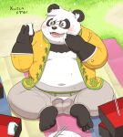  2023 anthro bear belly big_belly black_body black_nose blush bottomwear clothing food giant_panda kemono male mammal meg_hoi moobs navel overweight overweight_male pants shirt sitting solo topwear white_body 