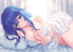  1girl awayuki_ramika babydoll bed_sheet blue_eyes blue_hair blush bra breasts caeda_(fire_emblem) cleavage collarbone commission curtains fire_emblem fire_emblem:_mystery_of_the_emblem fire_emblem:_shadow_dragon heart huge_breasts jewelry long_hair looking_at_viewer lying on_bed on_side panties pillow ring see-through skeb_commission smile solo underwear underwear_only white_babydoll white_bra white_panties 