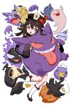  1girl absurdres annie_lyce brown_hair crossover drifloon duskull flower gastly gengar genshin_impact ghost hat hat_flower haunter highres hu_tao_(genshin_impact) litwick mimikyu open_mouth pokemon pokemon_(creature) pumpkaboo red_eyes red_flower shoes shuppet simple_background socks tongue tongue_out white_background white_socks 