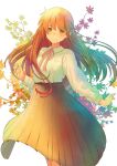  07nono06 1girl black_skirt braid brown_hair cowboy_shot floating_clothes floating_hair floral_background head_tilt light_smile long_hair long_sleeves original pleated_skirt red_ribbon ribbon shirt side_braid skirt standing white_shirt yellow_eyes 