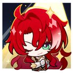  1boy ahoge argenti_(honkai:_star_rail) armor chibi closed_mouth english_commentary green_eyes hair_between_eyes honkai:_star_rail honkai_(series) knight long_hair lowres male_focus multicolored_hair official_art one_eye_closed red_hair solo streaked_hair upper_body v-shaped_eyebrows 