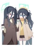  &lt;key&gt;_(blue_archive) 2girls absurdly_long_hair absurdres alternate_costume aris_(blue_archive) black_hair blue_archive blue_eyes blush brown_coat brown_skirt buttons coat coffee_cup cup disposable_cup doughnut food green_halo hagoonha halo highres holding holding_cup long_hair long_sleeves looking_at_viewer mouth_hold multiple_girls one_eye_closed open_clothes open_coat open_mouth pleated_skirt red_eyes ringed_eyes skirt very_long_hair 