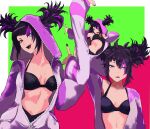  1girl absurdres black_bra black_hair black_nails bra breasts cleavage cosplay flying_kick han_juri heterochromia highres kicking kigurumi multicolored_hair navel off_shoulder official_alternate_costume official_alternate_hairstyle open_mouth pajamas pink_pajamas smile stomach streaked_hair street_fighter street_fighter_6 twintails underwear unzipped yuu_(primenumber7) 