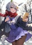  1girl absurdres animal_ears ass bag bare_tree black_coat blue_eyes blurry blurry_background blush brown_pantyhose coat cowboy_shot day drink drinking_straw grey_hair hair_between_eyes highres holding holding_drink horse_ears horse_girl horse_tail long_sleeves looking_at_viewer misoni_(mi_so_ni_t) open_clothes open_coat open_mouth outdoors pantyhose pleated_skirt purple_skirt red_scarf scarf school_bag school_uniform seiun_sky_(umamusume) short_hair skirt solo tail tracen_school_uniform tree umamusume 